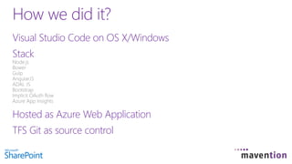 Visual Studio Code on OS X/Windows
Stack
Hosted as Azure Web Application
TFS Git as source control
How we did it?
 