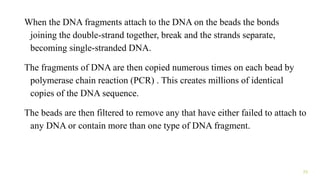 When the DNA fragments attach to the DNA on the beads the bonds
joining the double-strand together, break and the strands separate,
becoming single-stranded DNA.
The fragments of DNA are then copied numerous times on each bead by
polymerase chain reaction (PCR) . This creates millions of identical
copies of the DNA sequence.
The beads are then filtered to remove any that have either failed to attach to
any DNA or contain more than one type of DNA fragment.
23
 