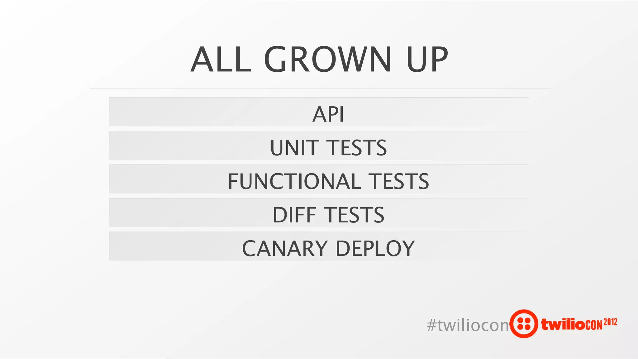 ALL GROWN UP
       API
    UNIT TESTS
 FUNCTIONAL TESTS
    DIFF TESTS
  CANARY DEPLOY


                  #twiliocon
 