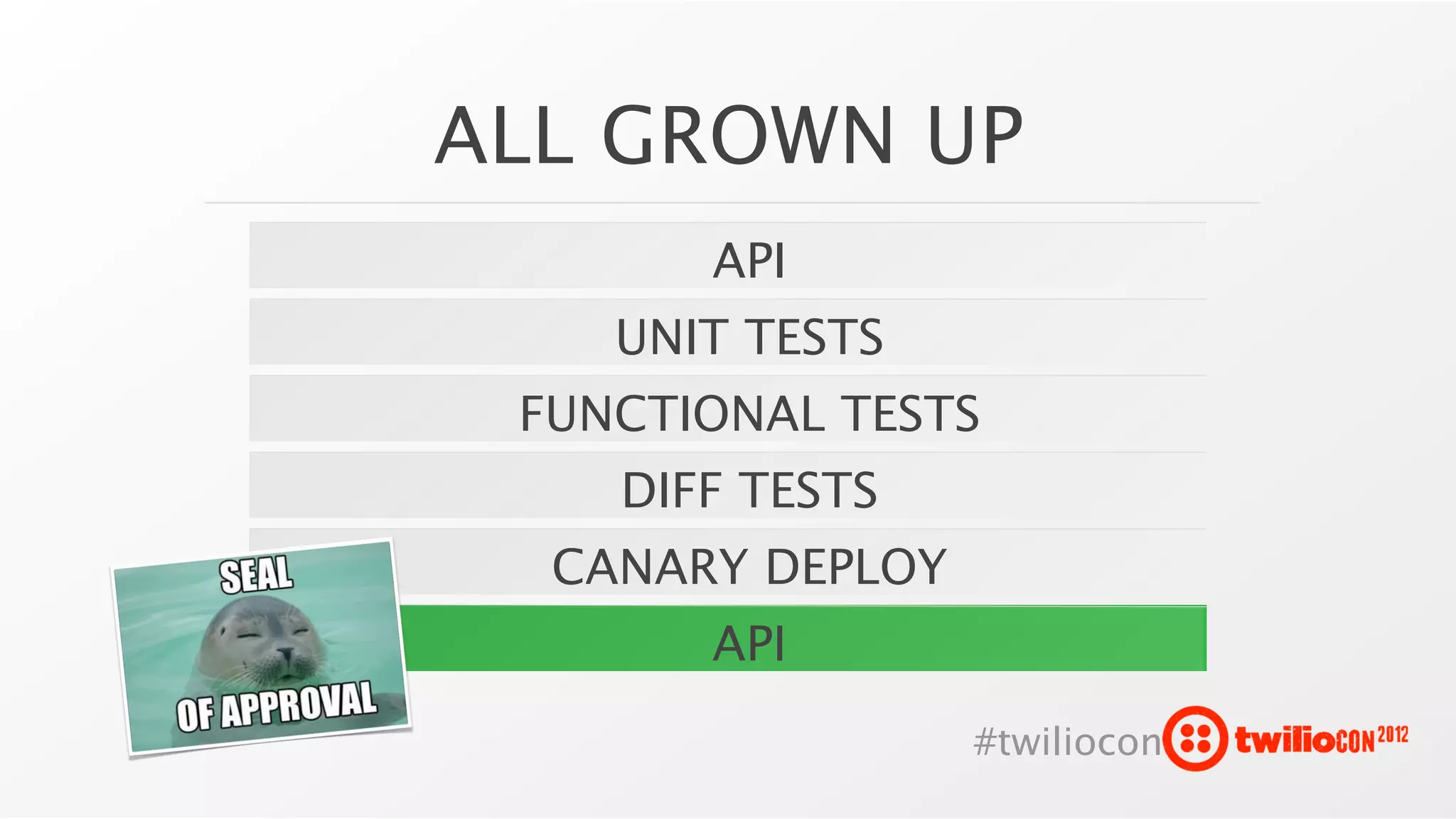 ALL GROWN UP
       API
    UNIT TESTS
 FUNCTIONAL TESTS
    DIFF TESTS
  CANARY DEPLOY
       API
                  #twiliocon
 