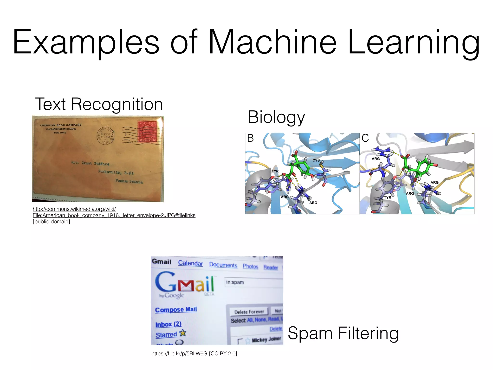 http://commons.wikimedia.org/wiki/
File:American_book_company_1916._letter_envelope-2.JPG#ﬁlelinks
[public domain]
https://ﬂic.kr/p/5BLW6G [CC BY 2.0]
Text Recognition
Spam Filtering
Biology
Examples of Machine Learning
 