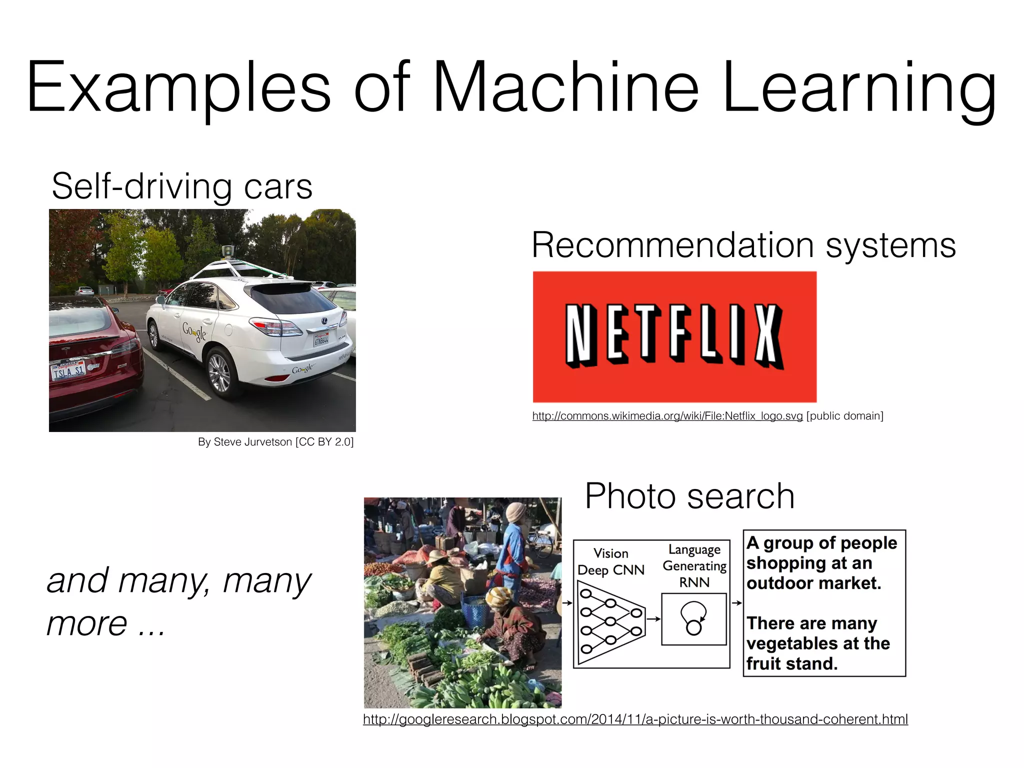 Examples of Machine Learning
http://googleresearch.blogspot.com/2014/11/a-picture-is-worth-thousand-coherent.html
By Steve Jurvetson [CC BY 2.0]
Self-driving cars
Photo search
and many, many
more ...
Recommendation systems
http://commons.wikimedia.org/wiki/File:Netﬂix_logo.svg [public domain]
 