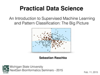 Practical Data Science
An Introduction to Supervised Machine Learning
and Pattern Classiﬁcation: The Big Picture
Michigan State University
NextGen Bioinformatics Seminars - 2015
Sebastian Raschka
Feb. 11, 2015
 