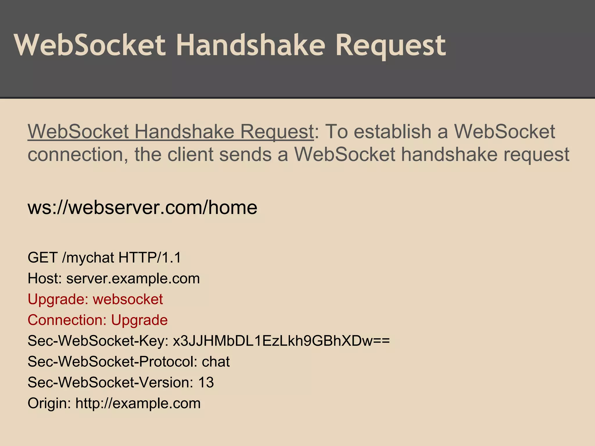 WebSocket Handshake Request
WebSocket Handshake Request: To establish a WebSocket
connection, the client sends a WebSocket handshake request
ws://webserver.com/home
GET /mychat HTTP/1.1
Host: server.example.com
Upgrade: websocket
Connection: Upgrade
Sec-WebSocket-Key: x3JJHMbDL1EzLkh9GBhXDw==
Sec-WebSocket-Protocol: chat
Sec-WebSocket-Version: 13
Origin: http://example.com
 