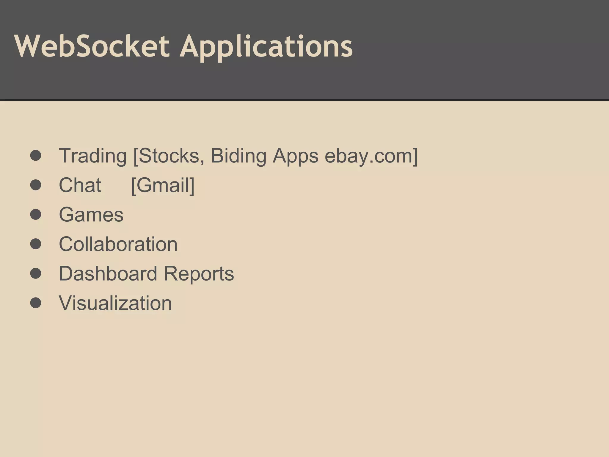 WebSocket Applications
● Trading [Stocks, Biding Apps ebay.com]
● Chat [Gmail]
● Games
● Collaboration
● Dashboard Reports
● Visualization
 