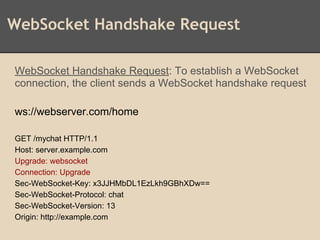 WebSocket Handshake Request
WebSocket Handshake Request: To establish a WebSocket
connection, the client sends a WebSocket handshake request
ws://webserver.com/home
GET /mychat HTTP/1.1
Host: server.example.com
Upgrade: websocket
Connection: Upgrade
Sec-WebSocket-Key: x3JJHMbDL1EzLkh9GBhXDw==
Sec-WebSocket-Protocol: chat
Sec-WebSocket-Version: 13
Origin: http://example.com
 