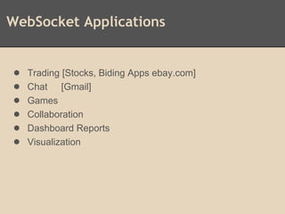 WebSocket Applications
● Trading [Stocks, Biding Apps ebay.com]
● Chat [Gmail]
● Games
● Collaboration
● Dashboard Reports
● Visualization
 