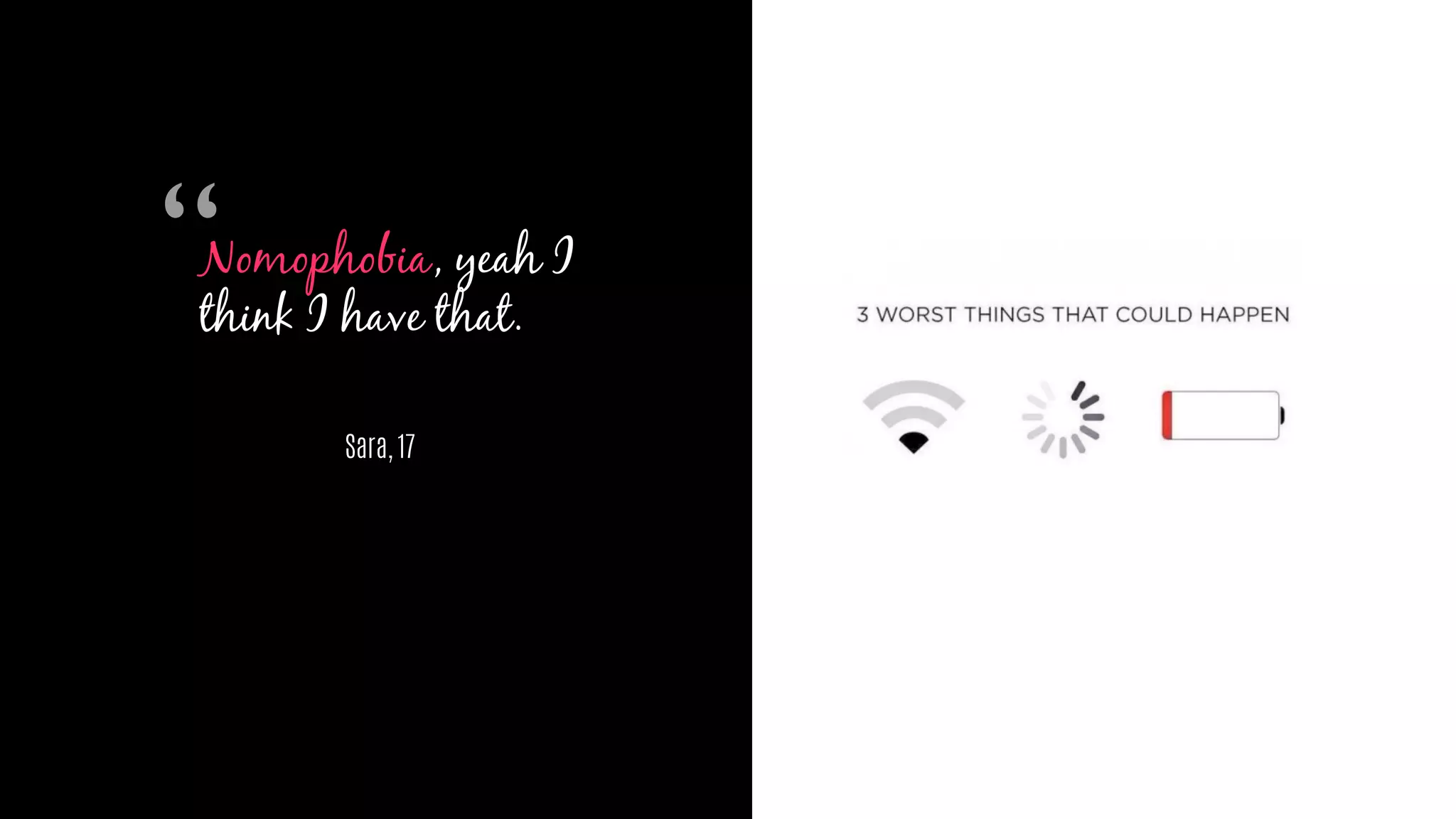 Nomophobia, yeah I
think I have that.
Sara, 17
“
 