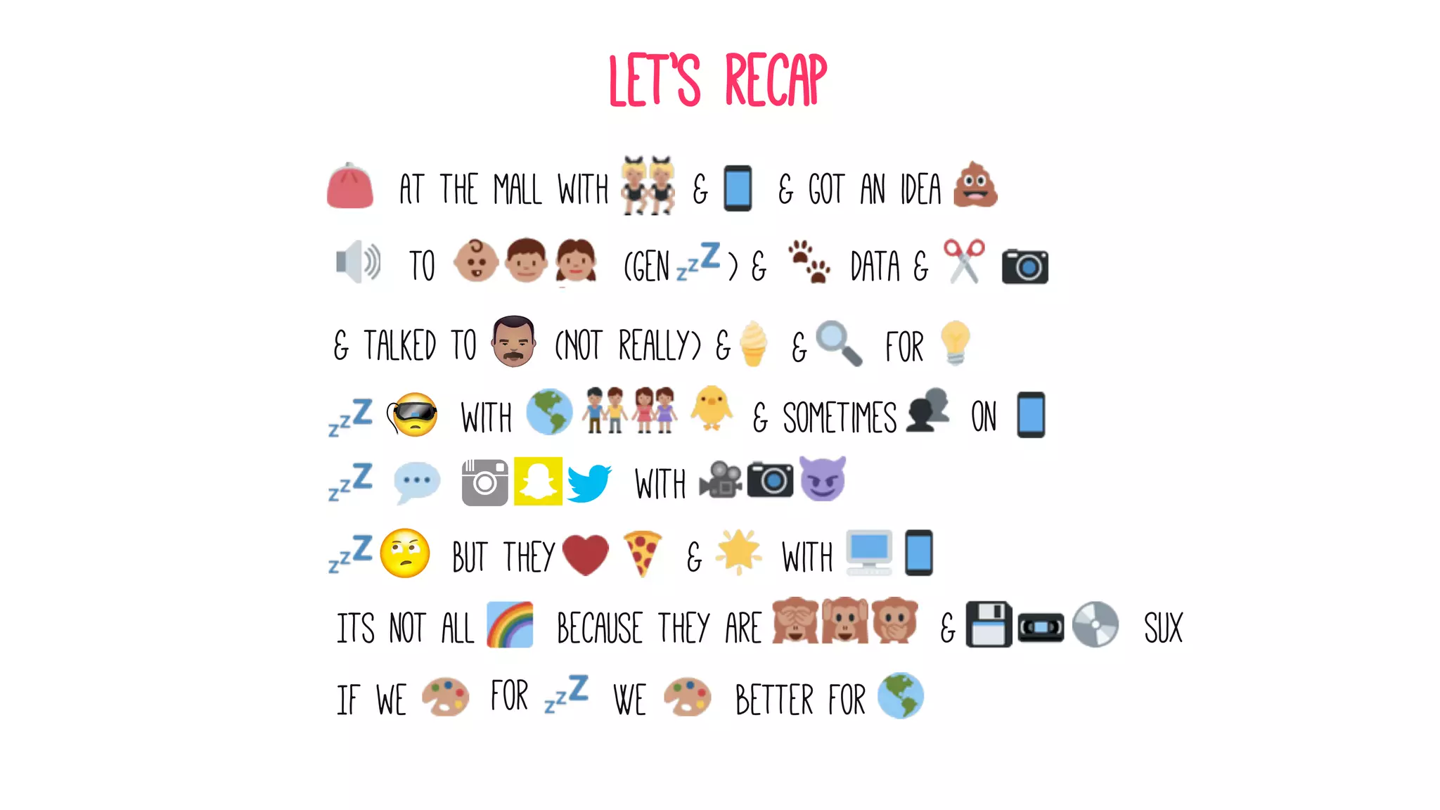 At the mall with
Let’s recap
& got an idea&
to data&
& talked to (Not really) &
&
For
&
with on
If we
Because they are
& sometimes
Its not all & sux
for
(Gen )
&
But they with
with
&
We better for
 