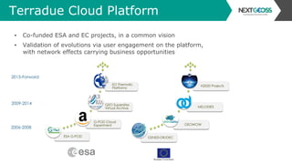 Terradue Cloud Platform
2009-2014
2015-Forward
ESA G-POD
G-POD Cloud
Experiment
GEO Supersites
Virtual Archive
EO Thematic
Platforms
GENESI-DR/DEC
GEOWOW
MELODIES
H2020 Projects
2006-2008
▪  Co-funded ESA and EC projects, in a common vision
▪  Validation of evolutions via user engagement on the platform,
with network effects carrying business opportunities
 