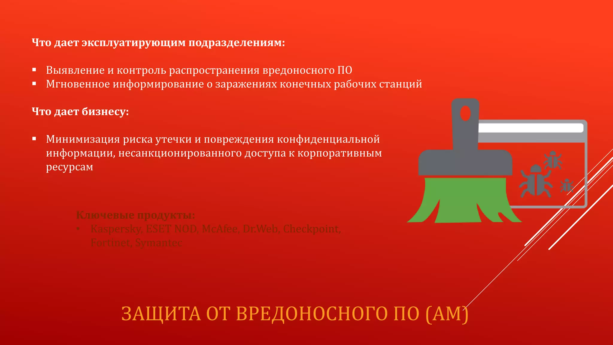 ЗАЩИТА ОТ ВРЕДОНОСНОГО ПО (AM)
Что дает эксплуатирующим подразделениям:
 Выявление и контроль распространения вредоносного ПО
 Мгновенное информирование о заражениях конечных рабочих станций
Что дает бизнесу:
 Минимизация риска утечки и повреждения конфиденциальной
информации, несанкционированного доступа к корпоративным
ресурсам
Ключевые продукты:
• Kaspersky, ESET NOD, McAfee, Dr.Web, Checkpoint,
Fortinet, Symantec
 