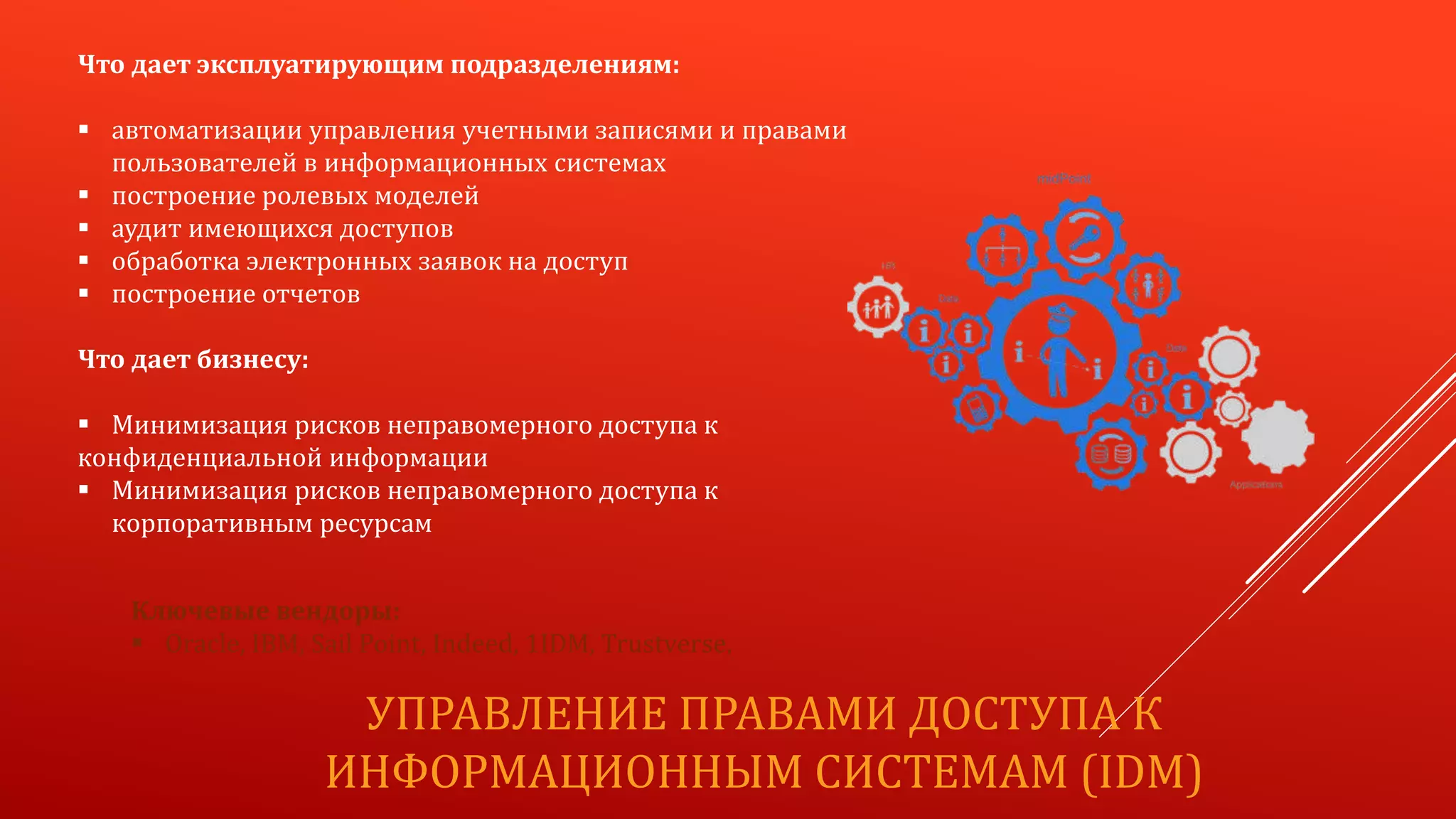 УПРАВЛЕНИЕ ПРАВАМИ ДОСТУПА К
ИНФОРМАЦИОННЫМ СИСТЕМАМ (IDM)
Что дает эксплуатирующим подразделениям:
 автоматизации управления учетными записями и правами
пользователей в информационных системах
 построение ролевых моделей
 аудит имеющихся доступов
 обработка электронных заявок на доступ
 построение отчетов
Что дает бизнесу:
 Минимизация рисков неправомерного доступа к
конфиденциальной информации
 Минимизация рисков неправомерного доступа к
корпоративным ресурсам
Ключевые вендоры:
 Oracle, IBM, Sail Point, Indeed, 1IDM, Trustverse,
 