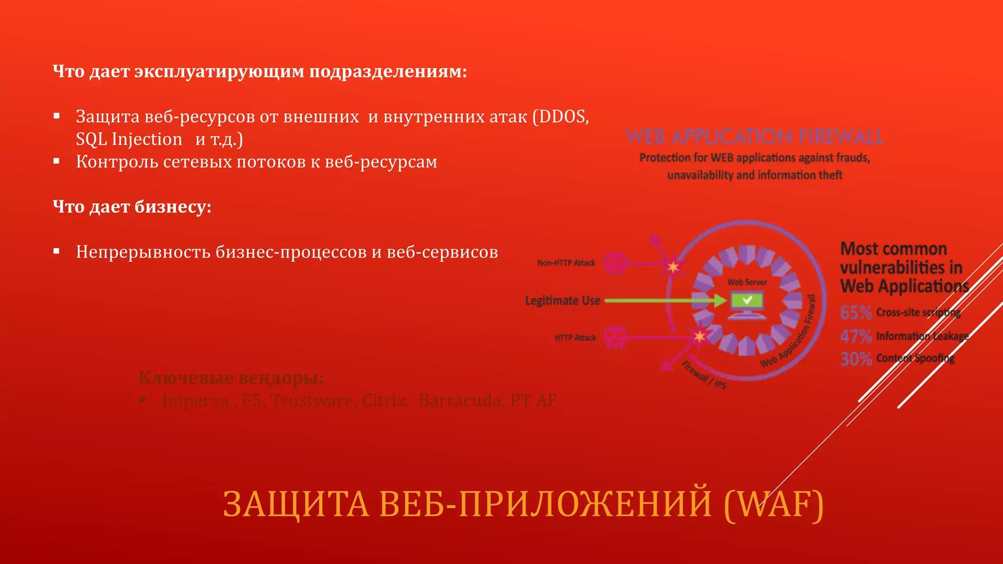ЗАЩИТА ВЕБ-ПРИЛОЖЕНИЙ (WAF)
Что дает эксплуатирующим подразделениям:
 Защита веб-ресурсов от внешних и внутренних атак (DDOS,
SQL Injection и т.д.)
 Контроль сетевых потоков к веб-ресурсам
Что дает бизнесу:
 Непрерывность бизнес-процессов и веб-сервисов
Ключевые вендоры:
 Imperva , F5, Trustware, Citrix, Barracuda, PT AF
 