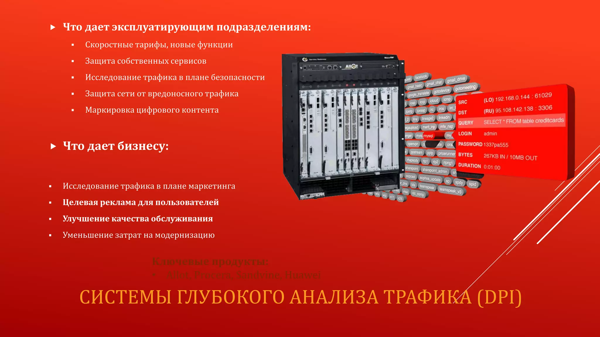 СИСТЕМЫ ГЛУБОКОГО АНАЛИЗА ТРАФИКА (DPI)
 Что дает эксплуатирующим подразделениям:
 Скоростные тарифы, новые функции
 Защита собственных сервисов
 Исследование трафика в плане безопасности
 Защита сети от вредоносного трафика
 Маркировка цифрового контента
 Что дает бизнесу:
 Исследование трафика в плане маркетинга
 Целевая реклама для пользователей
 Улучшение качества обслуживания
 Уменьшение затрат на модернизацию
Ключевые продукты:
• Allot, Procera, Sandvine, Huawei
 