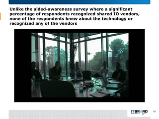 Unlike the aided-awareness survey where a significant
percentage of respondents recognized shared IO vendors,
none of the respondents knew about the technology or
recognized any of the vendors
10
 