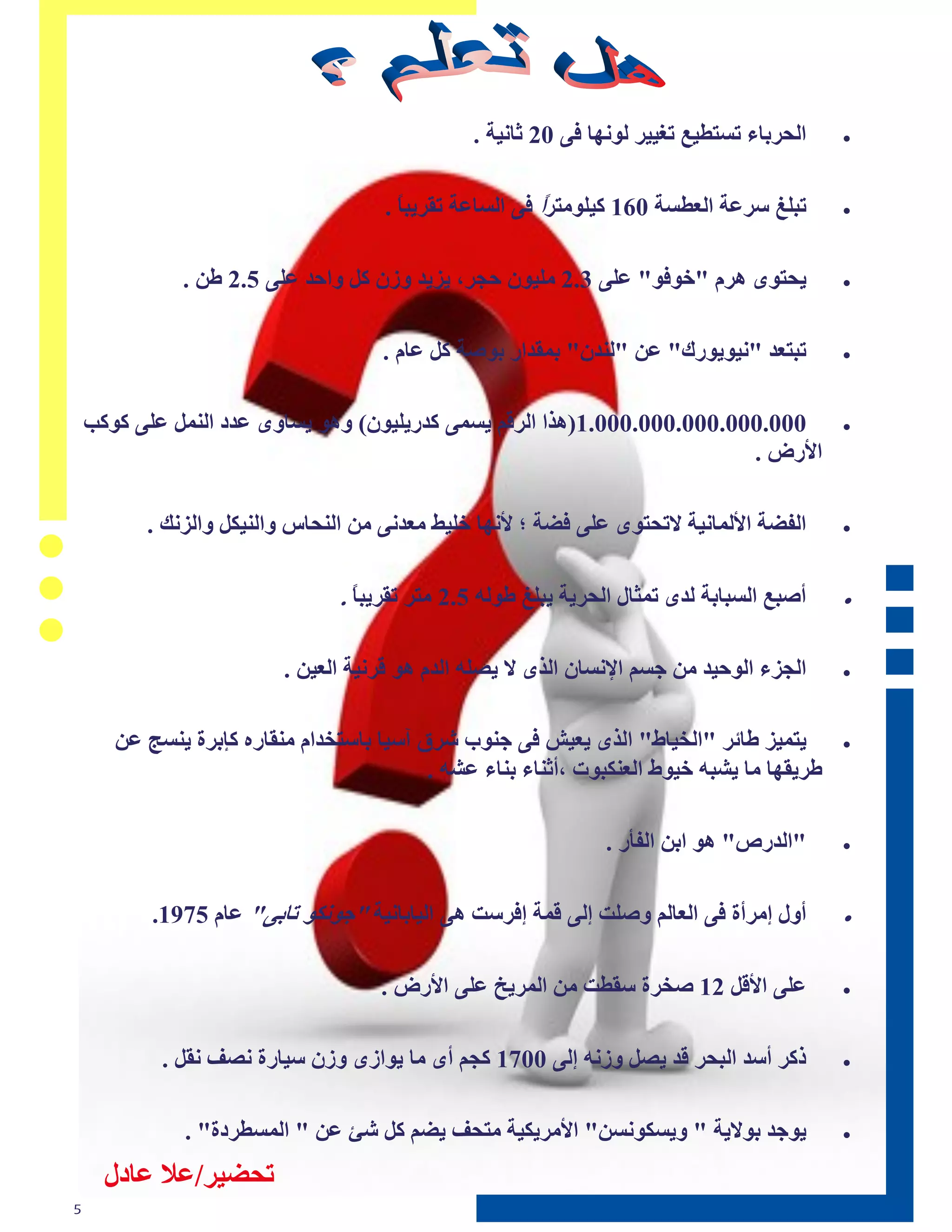 ‫طٵغلباء حيخٚڊ٠ ح٦ڊڊل ٵڄٽڂا ٩چ 02 راٽڊت .‬    ‫‪‬‬



                                      ‫حبٶ٤ ىل١ت طٵ٢ٚيت 061 ٱڊٶڄٹخلط ٩چ طٵيا١ت حٮلډبا .‬
                                        ‫ً‬                ‫ً‬                                   ‫‪‬‬



              ‫ډغخڄڅ ځلٷ "ؽڄ٩ڄ" ١ٶچ 3.2 ٹٶڊڄٻ عضل، ډنډـ ڃمٻ ٱٴ ڃطعـ ١ٶچ 5.2 ٙټ .‬              ‫‪‬‬



                                      ‫حبخ٢ـ "ٽڊڄډڄكٯ" ١ټ "ٵپـٻ" بٺٮـطك بڄّت ٱٴ ١اٷ .‬         ‫‪‬‬



    ‫000.000.000.000.000.1(ځقط طٵل٭ٸ ډيٺچ ٱـكډٶڊڄٻ) ڃځڄ ډياڃڅ ١ـؿ طٵپٺٴ ١ٶچ ٱڄٱب‬              ‫‪‬‬
                                                                          ‫طألكٓ .‬

          ‫طٵ٪ٖت طألٵٺاٽڊت الحغخڄڅ ١ٶچ ٩ٖت ؛ ألٽڂا ؽٶڊ٘ ٹ٢ـٽچ ٹټ طٵپغاه ڃطٵپڊٲٴ ڃطٵنٽٰ .‬      ‫‪‬‬



                                 ‫أّب٠ طٵيبابت ٵـڅ حٺزاٳ طٵغلډت ډبٶ٤ ٙڄٵڀ 5.2 ٹخل حٮلډباً .‬   ‫‪‬‬



                          ‫طٵضنء طٵڄعڊـ ٹټ صيٸ طإلٽياٻ طٵقڅ ال ډْٶڀ طٵـٷ ځڄ ٭لٽڊت طٵ٢ڊټ .‬     ‫‪‬‬



       ‫ډخٺڊن ٙائل "طٵؾڊاٗ" طٵقڅ ډ٢ڊٌ ٩چ صپڄ ٍل٫ آىڊا باىخؾـطٷ ٹپٮاكٿ ٱببلة ډپيش ١ټ‬           ‫‪‬‬
                                           ‫ٙلډٮڂا ٹا ډَبڀ ؽڊڄٗ طٵ٢پٲبڄث ،أرپاء بپاء ١َڀ .‬

                                                                 ‫"طٵـكُ" ځڄ طبټ طٵ٪ؤك .‬      ‫‪‬‬



           ‫أڃٳ اٹلأة ٩چ طٵ٢اٵٸ ڃّٶج اٵچ ٭ٺت ا٩لىج ځچ طٵڊاباٽڊت "صڄٽٲڄ حابچ" ١اٷ 5791.‬        ‫‪‬‬



                                      ‫١ٶچ طأل٭ٴ 21 ّؾلة ىٮٚج ٹټ طٵٺلډؼ ١ٶچ طألكٓ .‬           ‫‪‬‬



            ‫فٱل أىـ طٵبغل ٭ـ ډْٴ ڃمٽڀ اٵچ 0071 ٱضٸ أڅ ٹا ډڄطمڅ ڃمٻ ىڊاكة ٽْ٨ ٽٮٴ .‬           ‫‪‬‬



               ‫ډڄصـ بڄالډت " ڃډيٲڄٽيټ" طألٹلډٲڊت ٹخغ٨ ډٖٸ ٱٴ ٍئ ١ټ " طٵٺيٚلؿة" .‬             ‫‪‬‬


      ‫حغٖڊل/١ ١اؿٳ‬
‫5‬
 