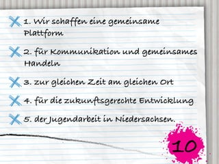 1. Wir schaffen eine gemeinsame
Plattform

2. für Kommunikation und gemeinsames
Handeln

3. zur gleichen Zeit am gleichen Ort

4. für die zukunftsgerechte Entwicklung

5. der Jugendarbeit in Niedersachsen.


                                    10
 
