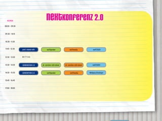 AGENDA
                              neXTkonferenz 2.0
08:00 – 09:30


09:30 – 10:15


10:30 – 11:30


11:45 – 12:30                 neXTgender                neXTmedia


12:30 – 13:30   MITTAG



13:30 – 14:30            dr. caroline roth-ebner   dr. caroline roth-ebner


14:30 – 15:30                 neXTgender                 neXTmedia


15:45 – 16:45


17:00 – 18:00
 
