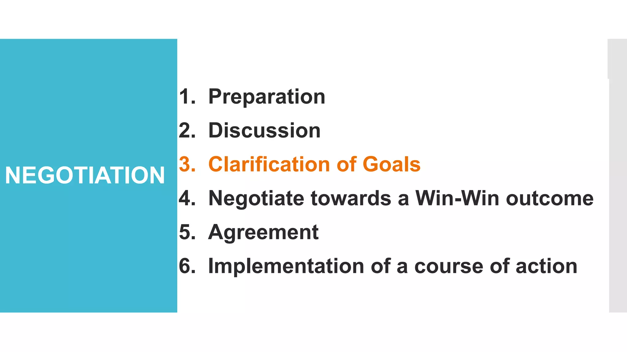 NEGOTIATION
1. Preparation
2. Discussion
3. Clarification of Goals
4. Negotiate towards a Win-Win outcome
5. Agreement
6. Implementation of a course of action
 