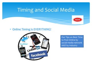 Timing and Social Media

Online Timing is EVERYTHING!
Our Tips on Best Time
to Post Online by
social media network
AND by Industry

 