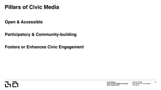 Civic Media:  
Communities Making Change
Next Library 2015
Erhardt Graeff
MIT Center for Civic Media
@erhardt
Pillars of Civic Media
Open & Accessible
Participatory & Community-building
Fosters or Enhances Civic Engagement
15
 