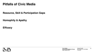 Civic Media:  
Communities Making Change
Next Library 2015
Erhardt Graeff
MIT Center for Civic Media
@erhardt
Pitfalls of Civic Media
Resource, Skill & Participation Gaps
Homophily & Apathy
Efﬁcacy
42
 