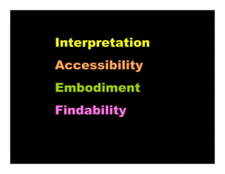 Interpretation
Accessibility
Embodiment
Findability
 