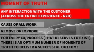 REMOVE OR IMPROVE
FOR EVERY CX/PROCESS (THAT DESERVES TO EXIST)
THERE IS AN OPTIMUM NUMBER OF MOMENTS OF
TRUTH TO DELIVER A SUCCESSFUL OUTCOME
CAUSE OF ALL WORK
ANY INTERACTION WITH THE CUSTOMER
(ACROSS THE ENTIRE EXPERIENCE - N2O)
MOMENT OF TRUTH
 