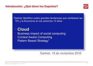 Introducción: ¿Qué dicen los Expertos?
”Gartner identifica cuatro grandes tendencias que cambiaran las
TIC y la Economía en los próximos 10 años:
• Cloud
• Business impact of social computing
• Context Aware Computing
• Pattern Based Strategy”
Gartner, 15 de noviembre 2010
NexTReT Clouds hibridos TSIU - 23/11/2010 7
 