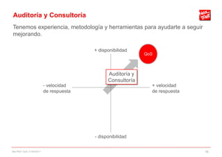 Auditoría y Consultoría
Tenemos experiencia, metodología y herramientas para ayudarte a seguir
mejorando.

                                         + disponibilidad
                                                             QoS



                                               Auditoría y
                                               Consultoría
                          - velocidad                          + velocidad
                          de respuesta                         de respuesta




                                         - disponibilidad


NexTReT QoS, 01/04/2011                                                       16
 