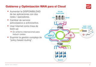 Gobierno y Optimización WAN para el Cloud
     Aumentar la DISPONIBILDAD
      de las aplicaciones con dos
      redes / operadores.
     Cambiar de servicio
      activo/pasivo a activo/activo.
     Usar Internet como línea de
      back-up:
        En entorno internacional para
             reducir costes.
     Suprimir la gestión compleja de
        “policy based routing”.




NexTReT QoS, 01/04/2011                     8
 