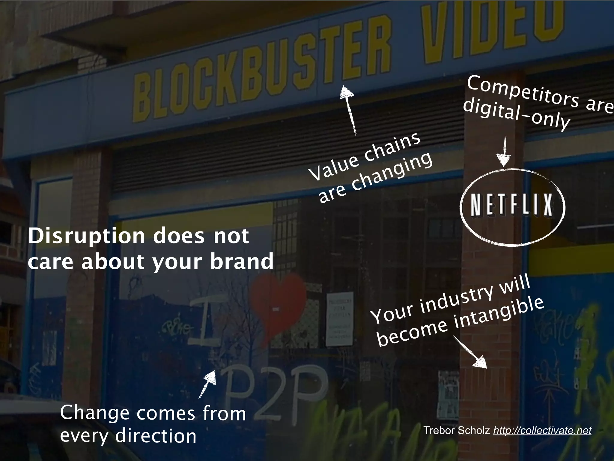 Compe
                                                    titors
                                           digital         are
                                                   -only
                                 ins
                              cha ing
                           lue ang
                        Va ch
                         are

Disruption does not
care about your brand
                                            will
                                       ustry ible
                              You r ind tang
                                      e in
                              b ec o m


  Change comes from
  every direction                  Trebor Scholz http://collectivate.net
 