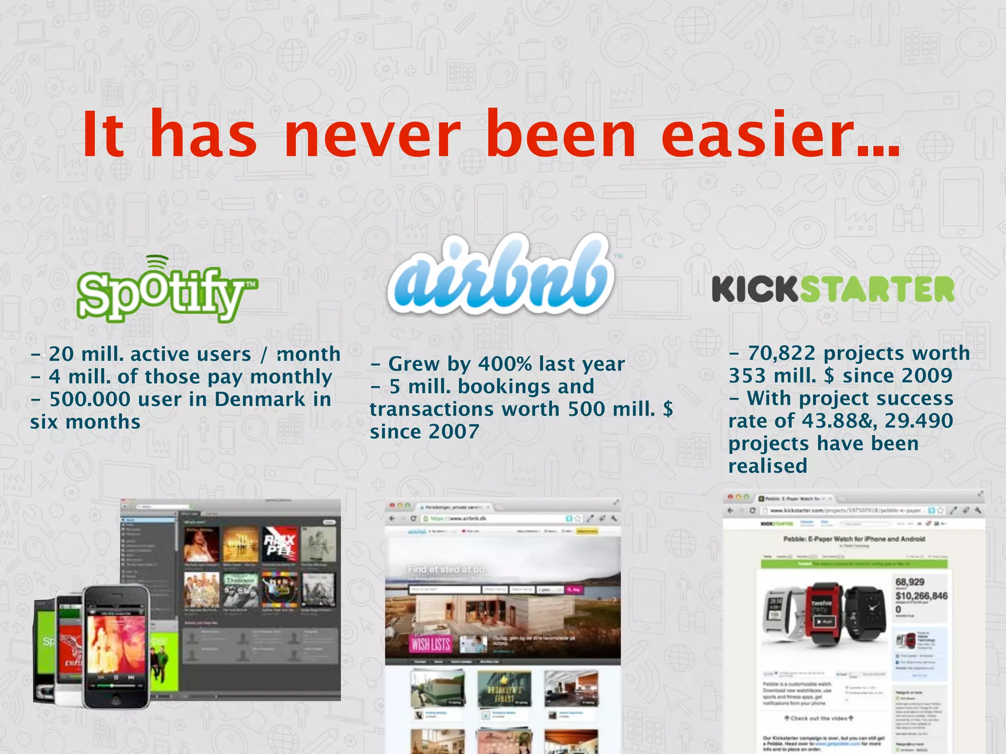 It has never been easier...


- 20 mill. active users / month                                    - 70,822 projects worth
                                  - Grew by 400% last year
- 4 mill. of those pay monthly                                     353 mill. $ since 2009
                                  - 5 mill. bookings and
- 500.000 user in Denmark in                                       - With project success
                                  transactions worth 500 mill. $
six months                                                         rate of 43.88&, 29.490
                                  since 2007
                                                                   projects have been
                                                                   realised
 