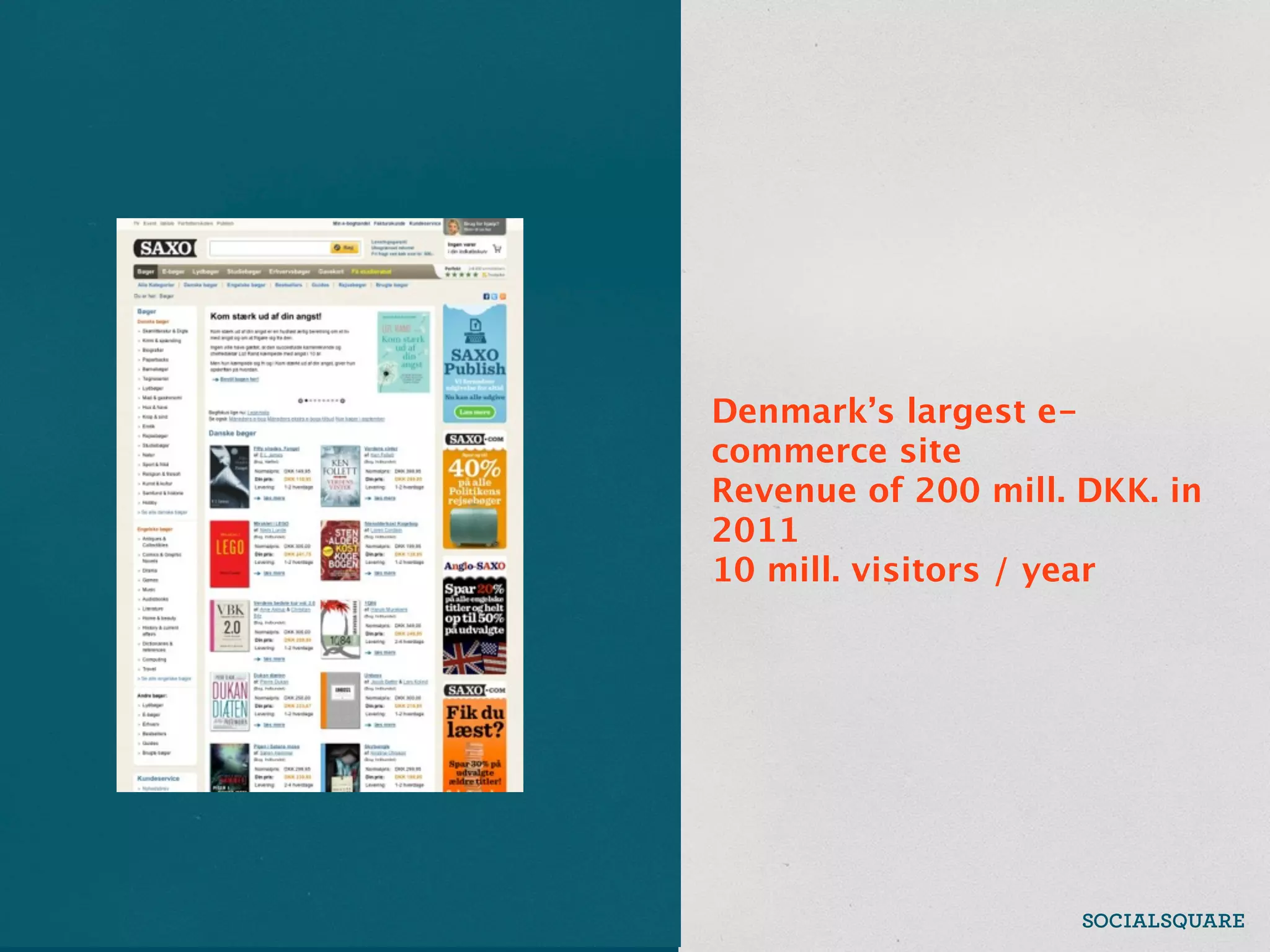 Denmark’s largest e-
commerce site
Revenue of 200 mill. DKK. in
2011
10 mill. visitors / year
 