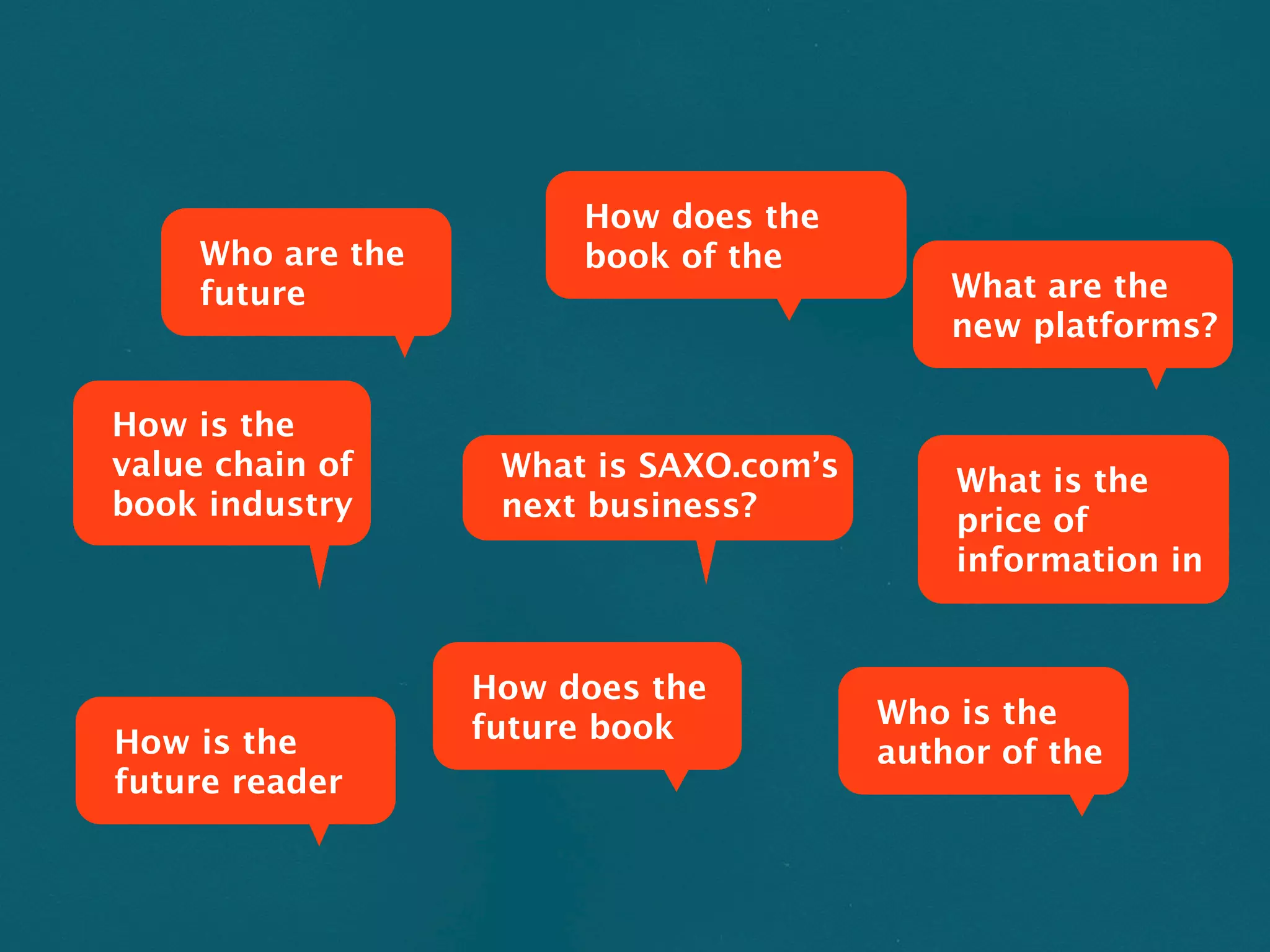 How does the
     Who are the        book of the
     future                                  What are the
                                             new platforms?

How is the
value chain of      What is SAXO.com’s       What is the
book industry       next business?           price of
                                             information in


                   How does the
                   future book           Who is the
How is the                               author of the
future reader
 
