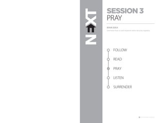 SESSION 3
PRAY
MAIN IDEA
God hears from us and responds when we pray regularly.
READ
PRAY
LISTEN
SURRENDER
FOLLOW
 