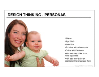 Copyright 2013 Cowan Publishing
•Women
•Age 28-45
•Have kids
•Socialize with other mom’s
•Online with Facebook
•86% said they’d like to be
more organized
•70% said they’d use an
application that organizes them
DESIGN THINKING - PERSONAS
 