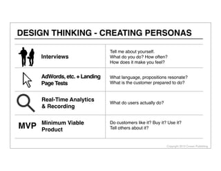 Copyright 2013 Cowan Publishing
MVP
DESIGN THINKING - CREATING PERSONAS
Tell me about yourself.
What do you do? How often?
How does it make you feel?
Interviews
AdWords, etc. + Landing
Page Tests
Real-Time Analytics
& Recording
Minimum Viable
Product
What language, propositions resonate?
What is the customer prepared to do?
What do users actually do?
Do customers like it? Buy it? Use it?
Tell others about it?
 