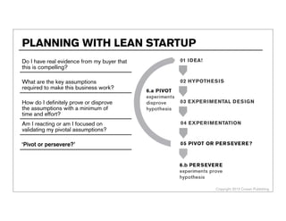 Copyright 2013 Cowan Publishing
PLANNINGPLANNING WITH LEAN STARTUP
Do I have real evidence from my buyer that
this is compelling?
01 IDEA!
What are the key assumptions
required to make this business work?
02 HYPOTHESIS
How do I definitely prove or disprove
the assumptions with a minimum of
time and effort?
03 EXPERIMENTAL DESIGN
04 EXPERIMENTATIONAm I reacting or am I focused on
validating my pivotal assumptions?
‘Pivot or persevere?’
 