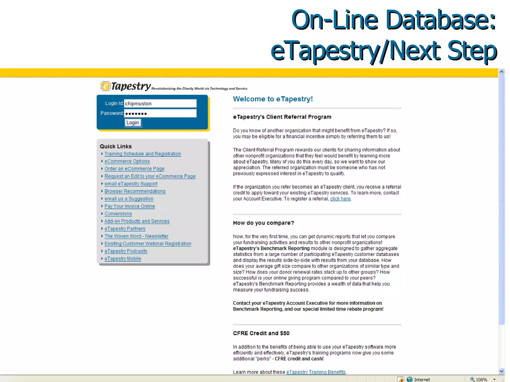 On-Line Database: eTapestry/Next Step 