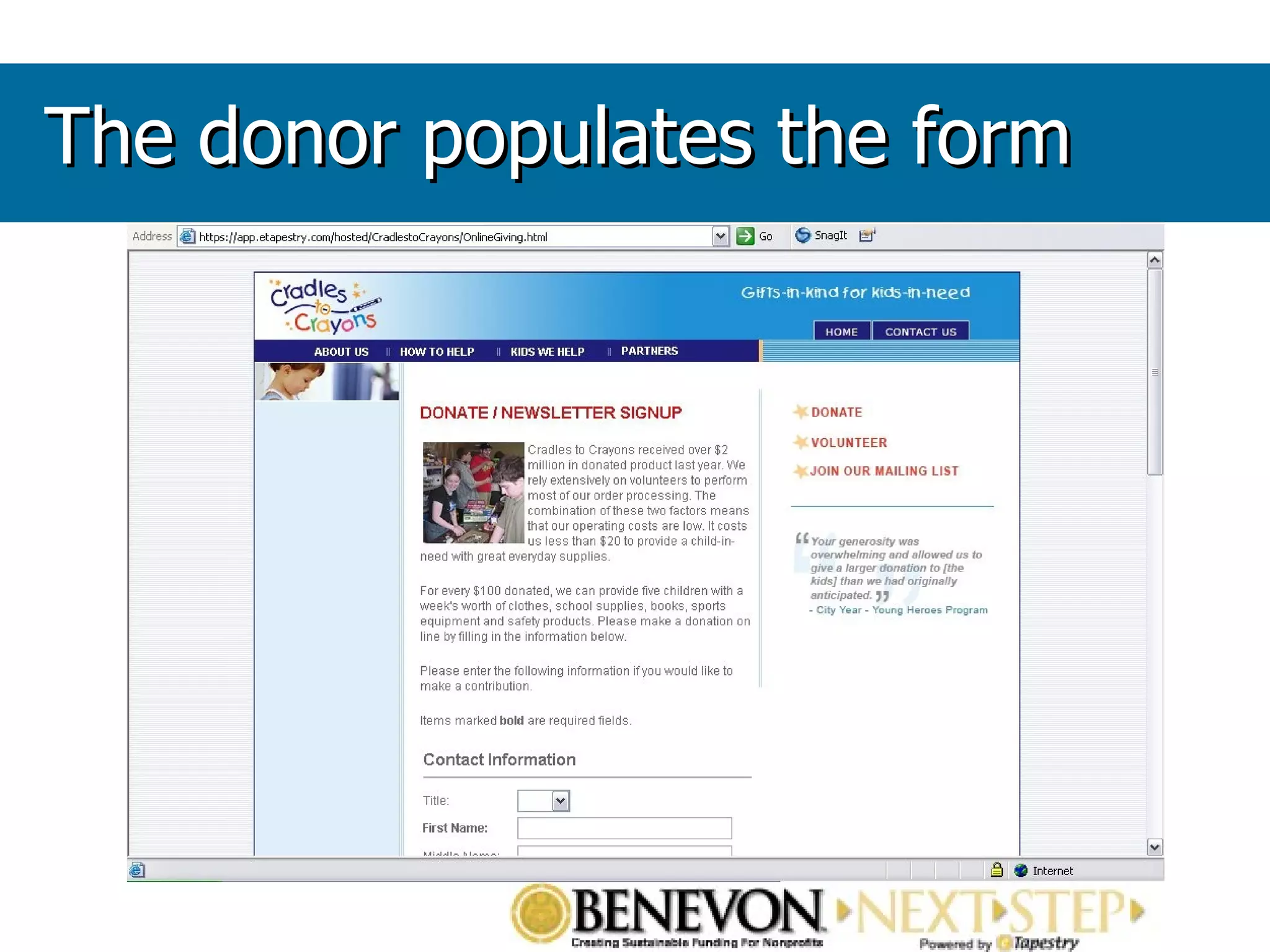 The donor populates the form 