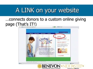 … connects donors to a custom online giving page (That’s IT!)  A LINK on your website 