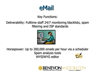 Key Functions: Deliverability: Fulltime staff 24/7 monitoring blacklists, spam filtering and ISP standards Horsepower: Up to 300,000 emails per hour via a scheduler Spam analysis tools WYSIWYG editor eMail 