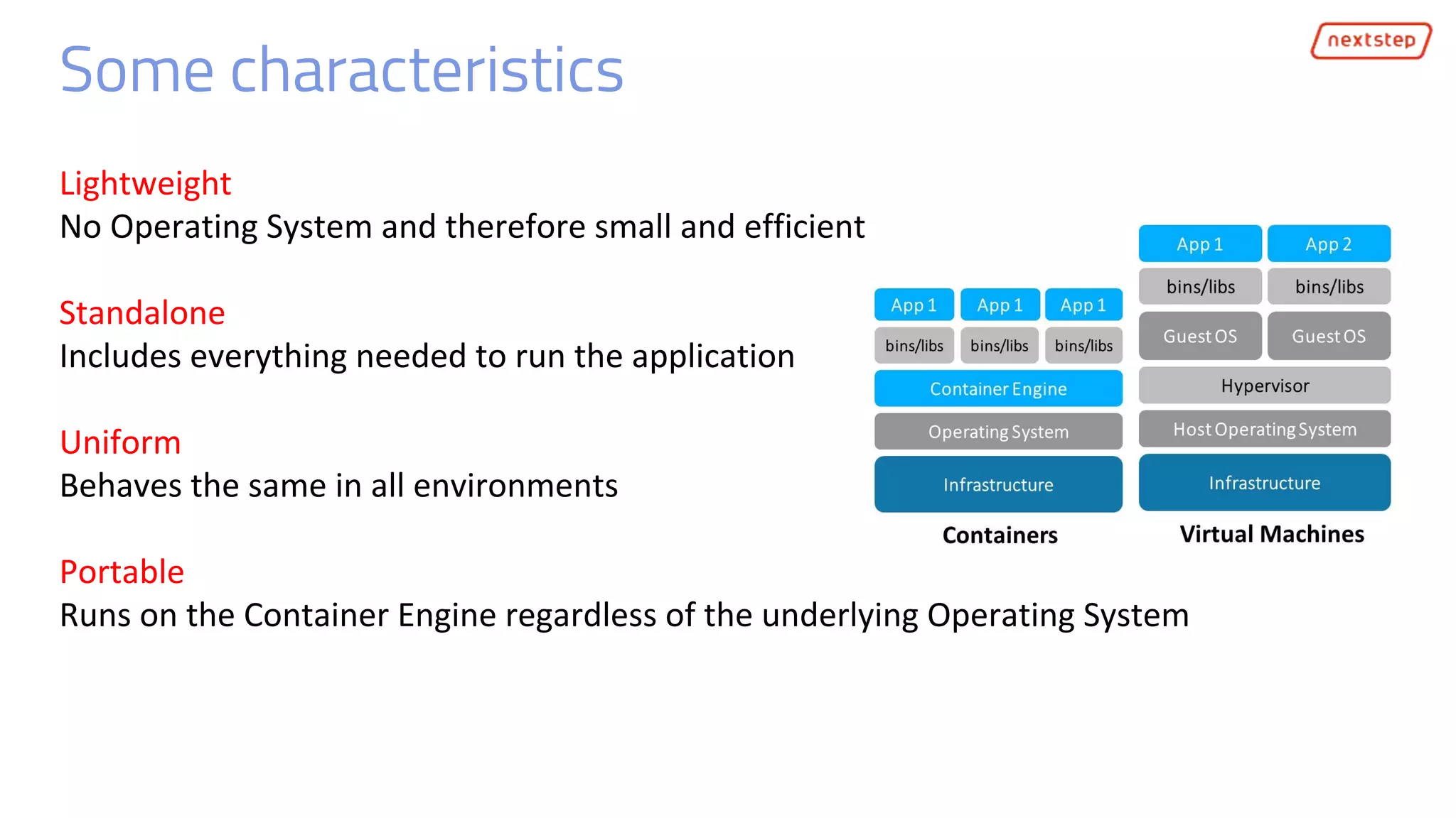 Some characteristics
Lightweight
No Operating System and therefore small and efficient
Standalone
Includes everything needed to run the application
Uniform
Behaves the same in all environments
Portable
Runs on the Container Engine regardless of the underlying Operating System
 
