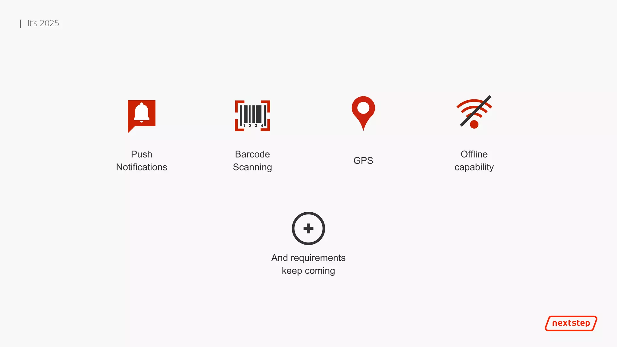 | It’s 2025
Push
Notifications
1 2 3 4
Barcode
Scanning
GPS
Offline
capability
And requirements
keep coming
 