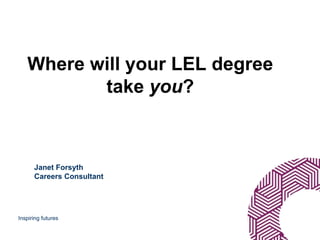 Inspiring futures
Where will your LEL degree
take you?
Janet Forsyth
Careers Consultant
 