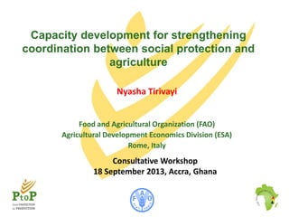 Capacity development for strengthening
coordination between social protection and
agriculture
Nyasha Tirivayi
Food and Agricultural Organization (FAO)
Agricultural Development Economics Division (ESA)
Rome, Italy

Consultative Workshop
18 September 2013, Accra, Ghana

 