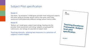 Subject Pilot specification
Model A
Top-down, ‘by exception’ model gives provider-level rating and subjects
the same rating as provider where metrics the same, with fuller
assessment (and potentially different ratings) where metrics differ.
Model B
‘Bottom-up’ model gives subject-level ratings, feeding into the
provider-level assessment and rating. Subjects are grouped for
submissions, but ratings are awarded at subject-level.
Teaching intensity - piloting two measures in a selection of
subjects in both models
 