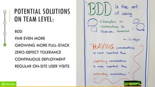 POTENTIAL SOLUTIONS
ON TEAM LEVEL:
BDD
PAIR EVEN MORE
GROWING MORE FULL-STACK
ZERO-DEFECT TOLERANCE
CONTINUOUS DEPLOYMENT
REGULAR ON-SITE USER VISITS
@lisihocke
 