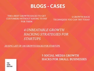 BLOGS - CASES
THE
LEAN
DOCTOR
THE 6 BEST GROWTH HACKS TO GET
CUSTOMERS WITHOUT HAVING TO PAY
FOR THEM
AN EPIC LIST OF 100 GROWTH HACKS FOR STARTUPS
6 GROWTH HACK
TECHNIQUES YOU CAN TRY TODAY
4 UNBEATABLE GROWTH
HACKING STRATEGIES FOR
STARTUPS
5 SOCIAL MEDIA GROWTH
HACKS FOR SMALL BUSINESSES